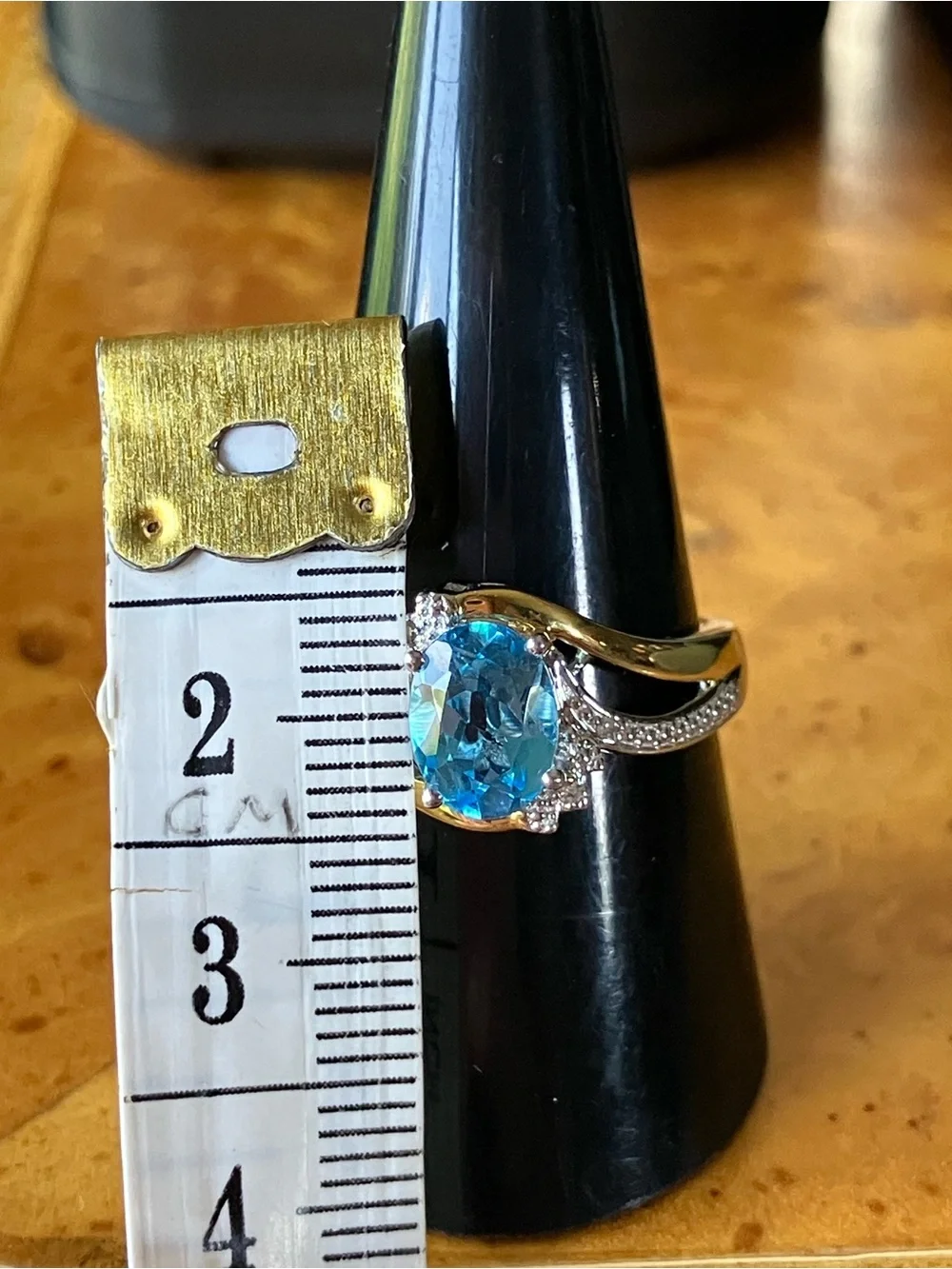 Swiss Blue Topaz White Diamond Ring Size 9